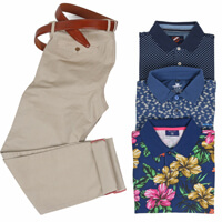 Navy print polo's en zandkleurige chino